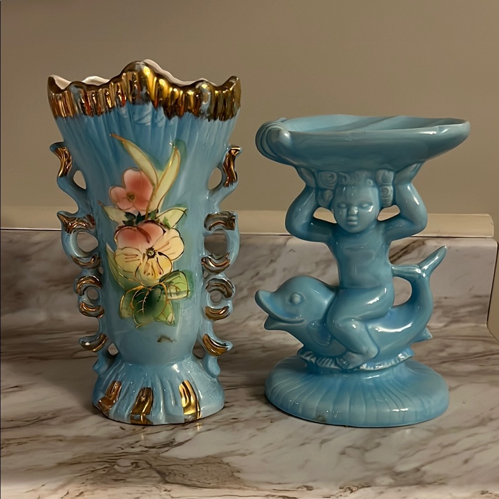 Vtg 70s lusterware Vase + Soap dish / MCM / Tiffany Blue decor: Set of 2